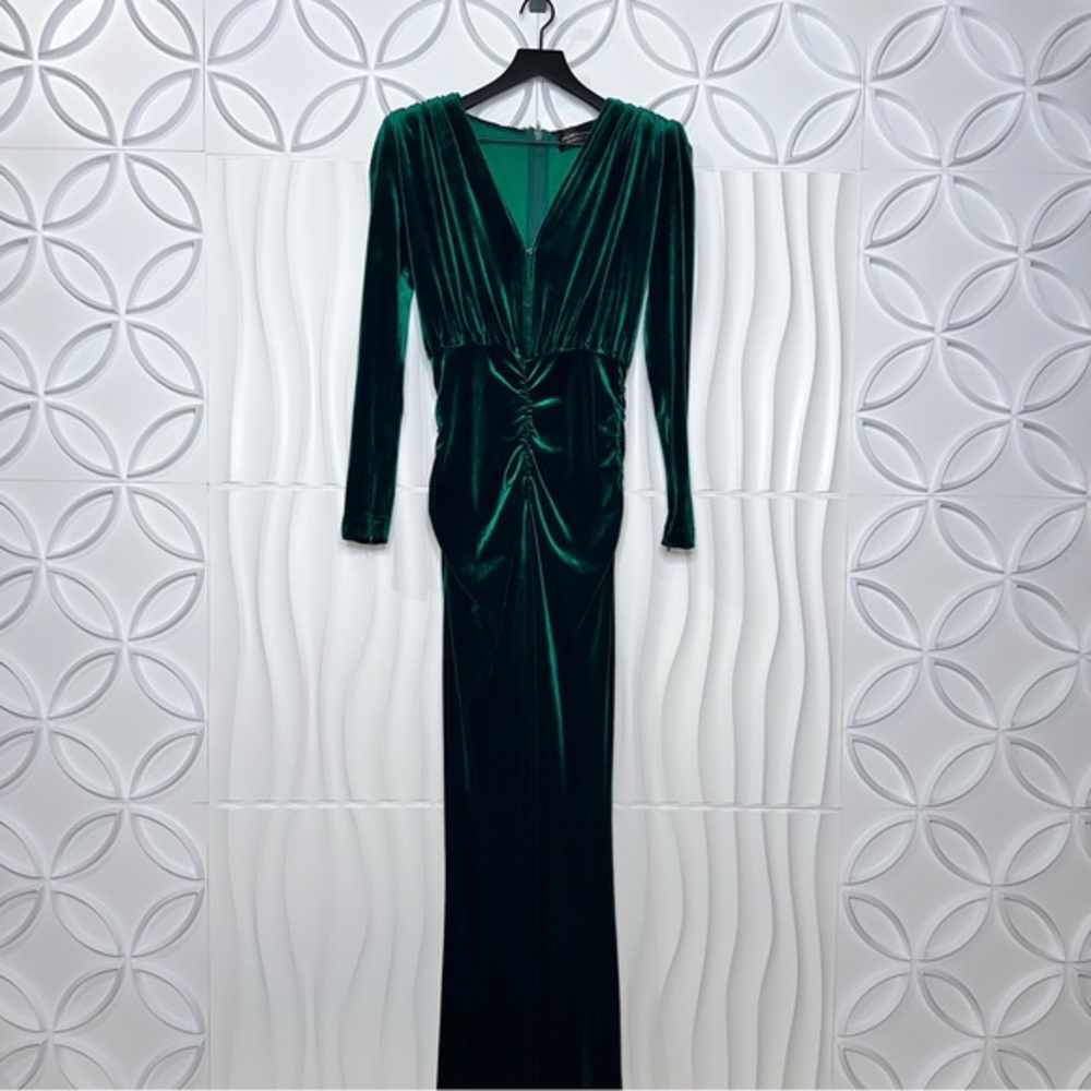 Bronx and Banco Green Velvet Low V Neck Long Sleeve Maxi Dress Prom Wedding